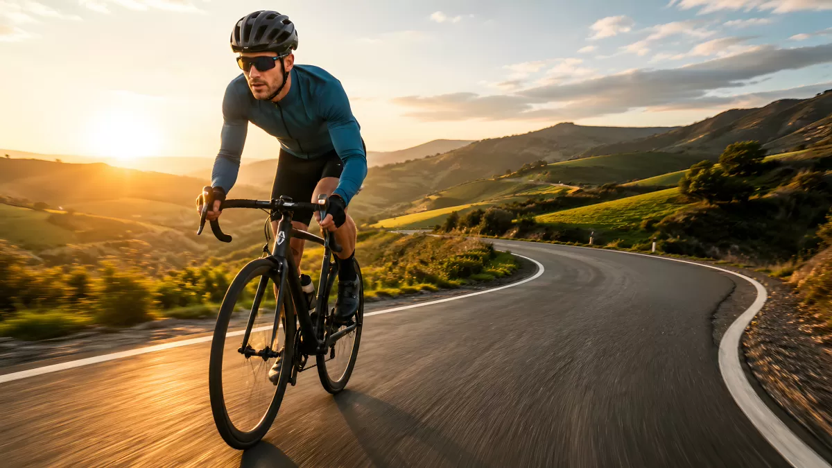 Rennradfahrer auf kurvenreicher Bergstraße bei Sonnenuntergang