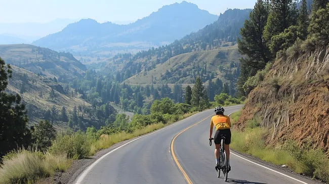 Rennradfahrer auf malerischer Bergstraße in der Abfahrt