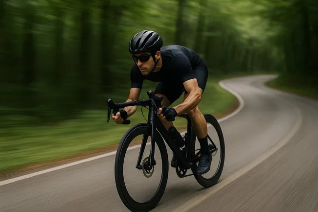 Rennradfahrer in rasanter Fahrt durch Waldweg
