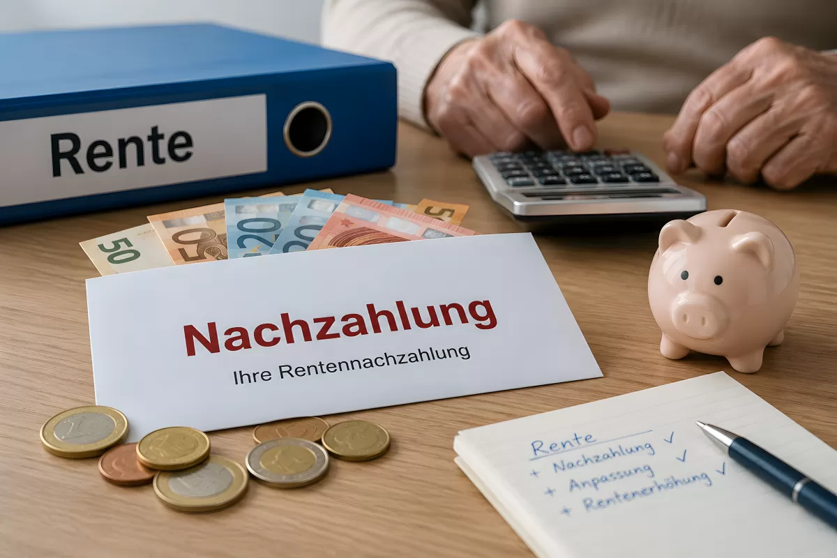 Rentennachzahlung mit Euro-Scheinen und Sparschwein