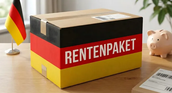 Rentenzahlungspaket mit deutscher Flagge und Sparschwein