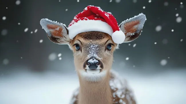 Rentier im Schnee mit Weihnachtsmütze