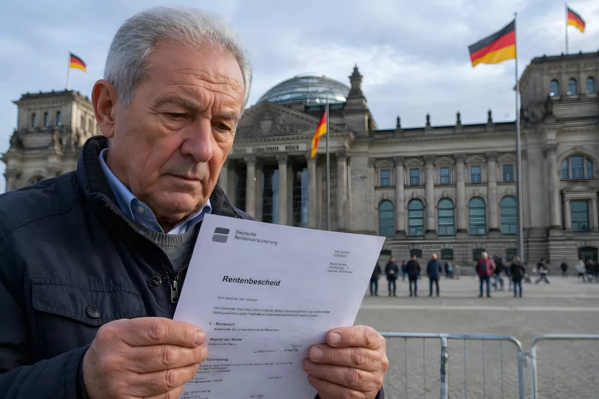 Rentner liest Rentenbescheid vor dem Reichstag