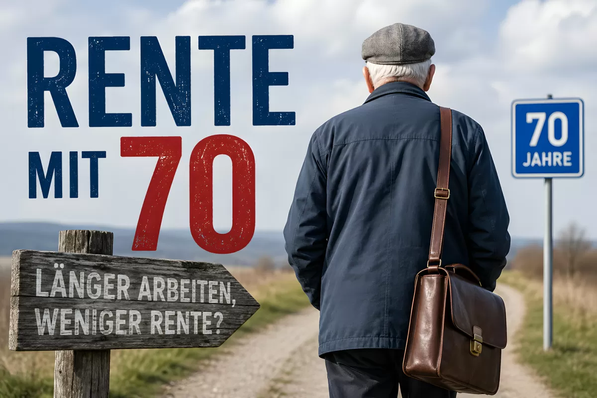 Rentner mit Aktentasche vor Schild Rente mit 70
