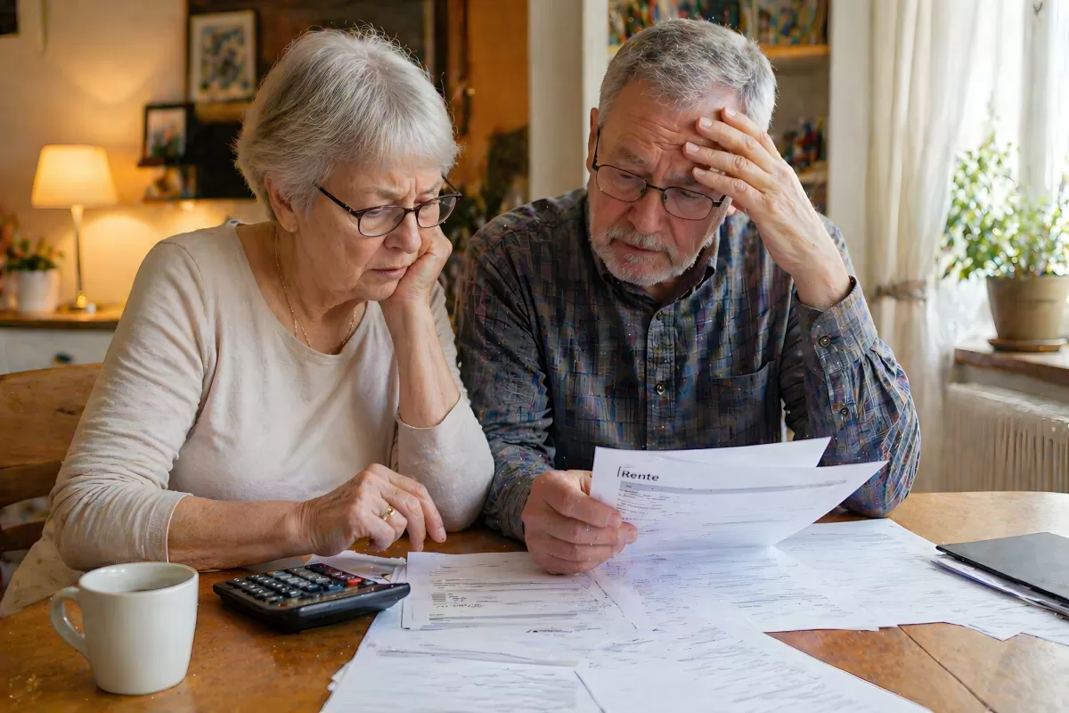 Rentnerehepaar prüft besorgt Rentenunterlagen zuhause