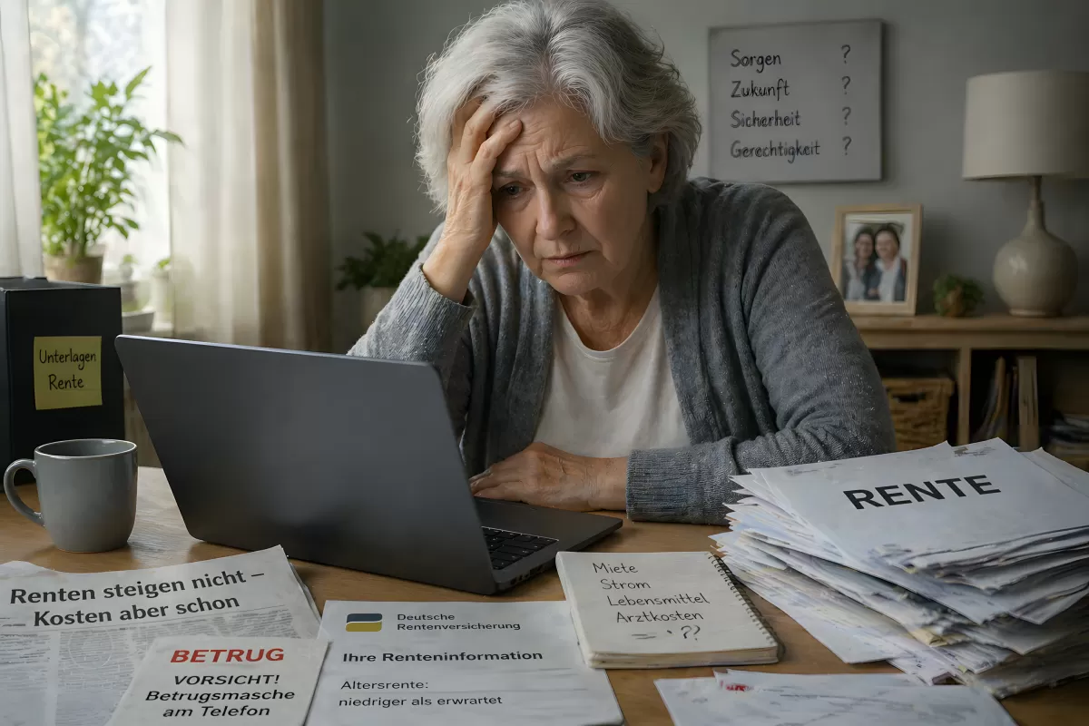 Rentnerin am Laptop kämpft mit Altersrente und Kosten