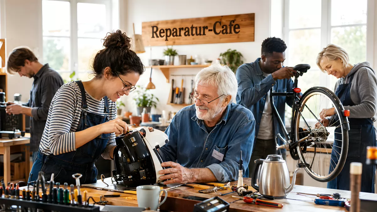 Reparatur-Café mit Freiwilligen beim Geräte reparieren