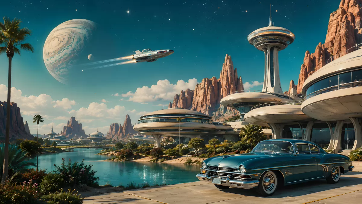 Retro-Futurismus mit Oldtimer und Raumschiff