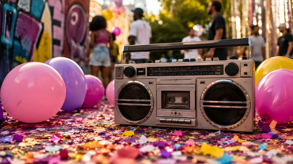 Retro-Ghettoblaster auf buntem Konfetti bei Straßenparty