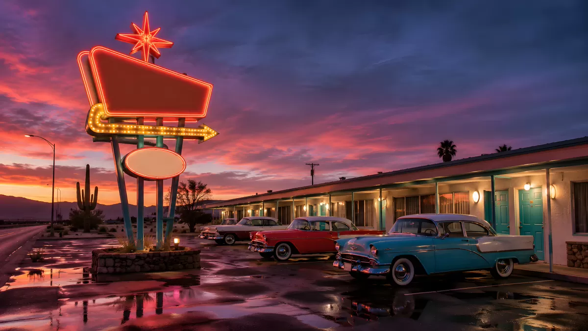 Retro-Motel bei Sonnenuntergang mit Neonschild und Oldtimern