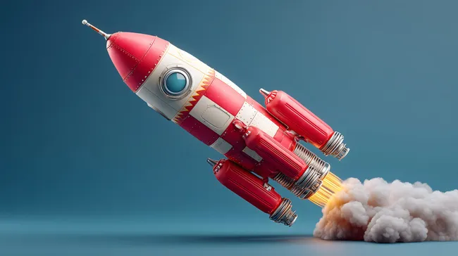 Retro-Rakete hebt vor blauem Himmel ab