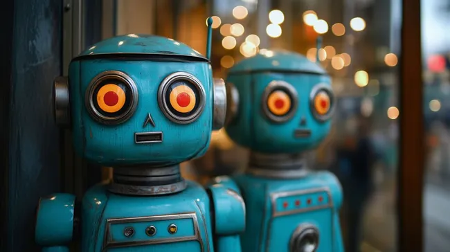 Retro-Roboter mit leuchtenden Augen vor Bokeh-Beleuchtung