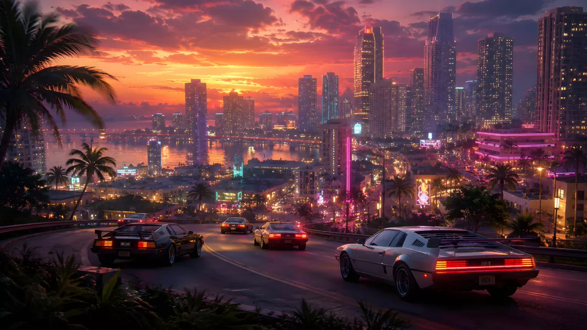 Retro-Sportwagen auf nächtlicher Küstenstraße in Miami