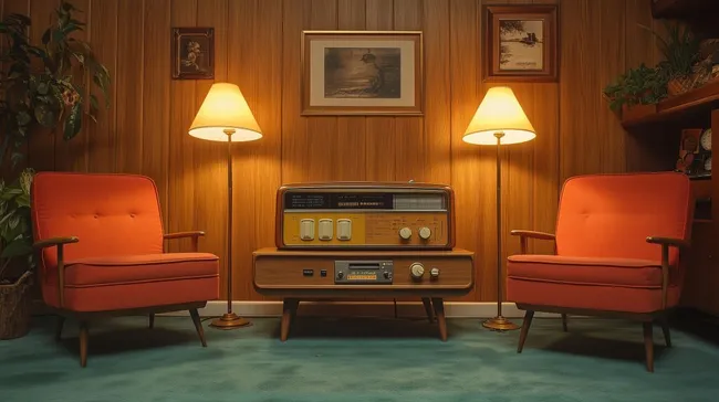 Retro-Wohnzimmer mit Vintage-Radio und Polstermöbeln