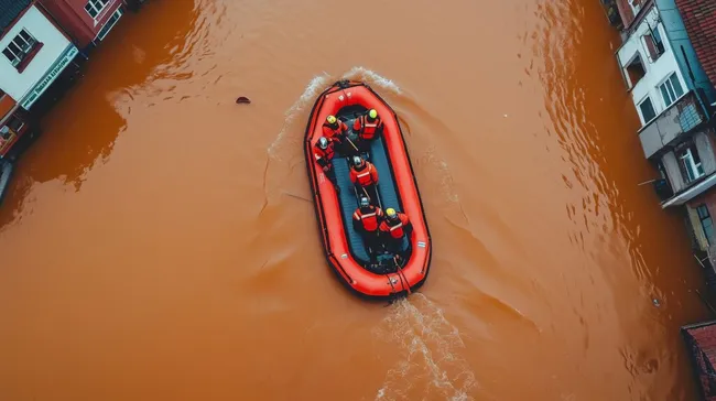 Rettungsboot in überschwemmter Stadt nach Hochwasser