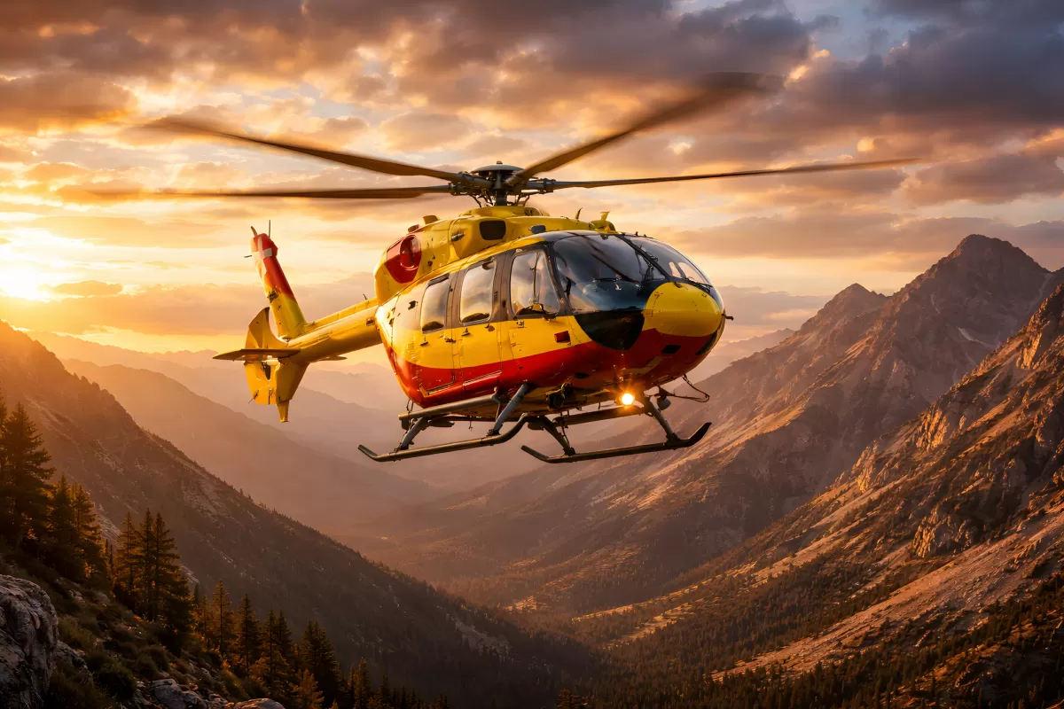 Rettungshubschrauber fliegt bei Sonnenuntergang über Bergtal
