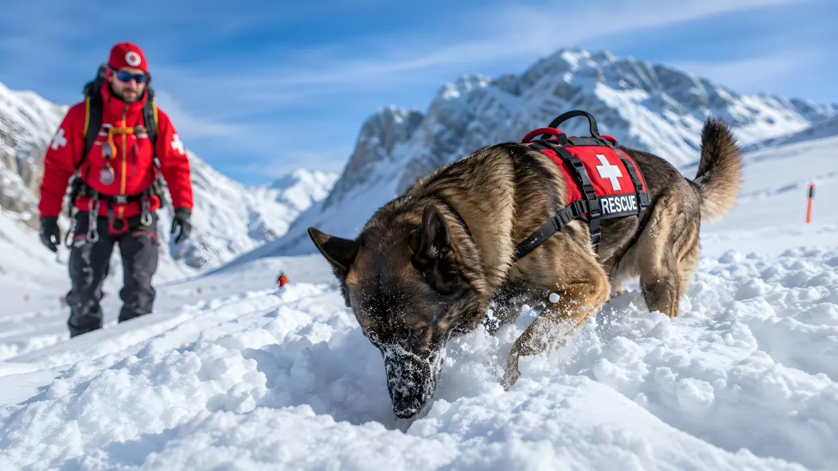 Rettungshund im Schnee bei Bergrettungseinsatz