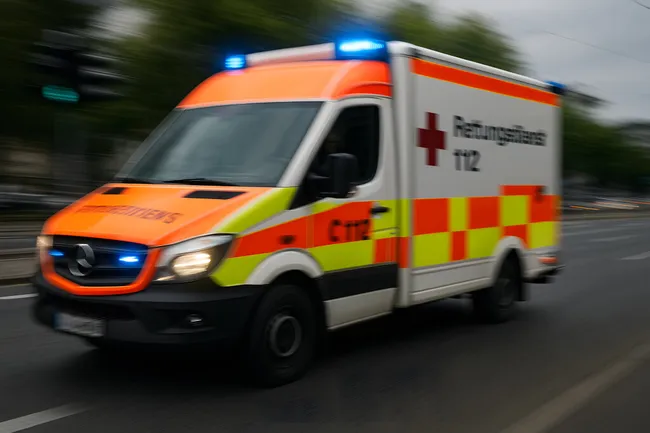 Rettungswagen bei Einsatzfahrt durch die Stadt