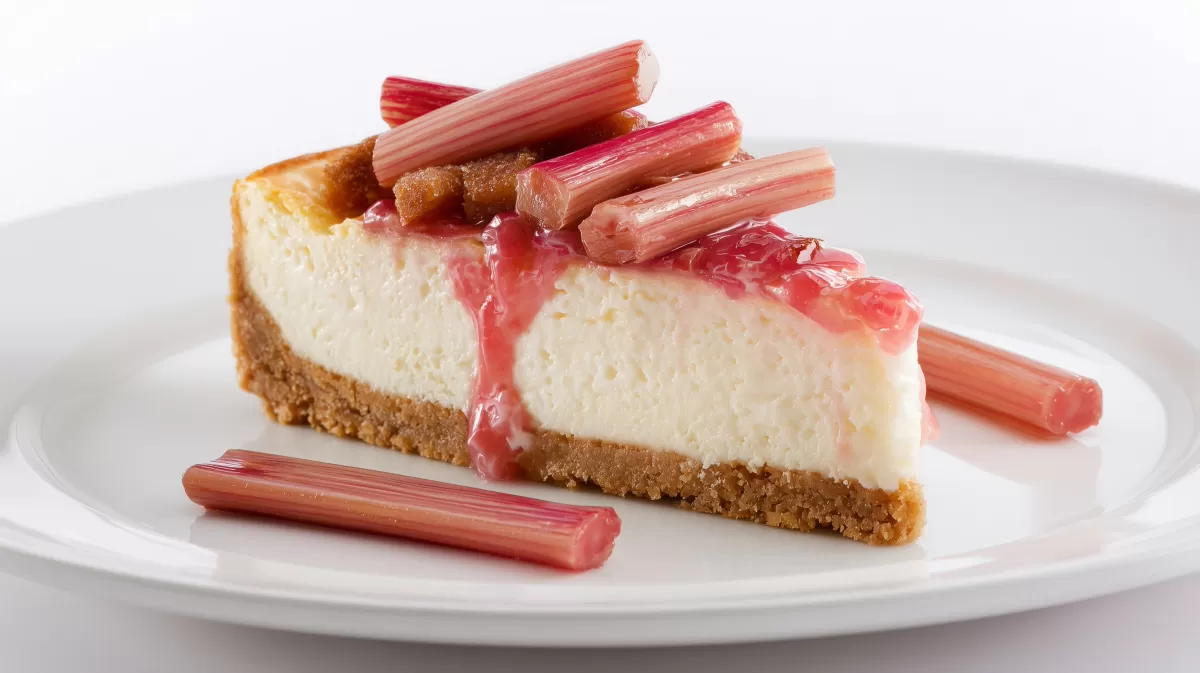 Rhabarber Cheesecake Stück mit rosa Soße auf Teller