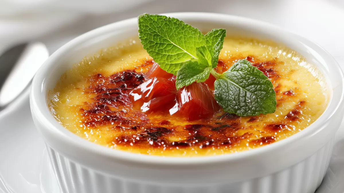 Rhabarber Crème Brûlée mit Minze im Förmchen