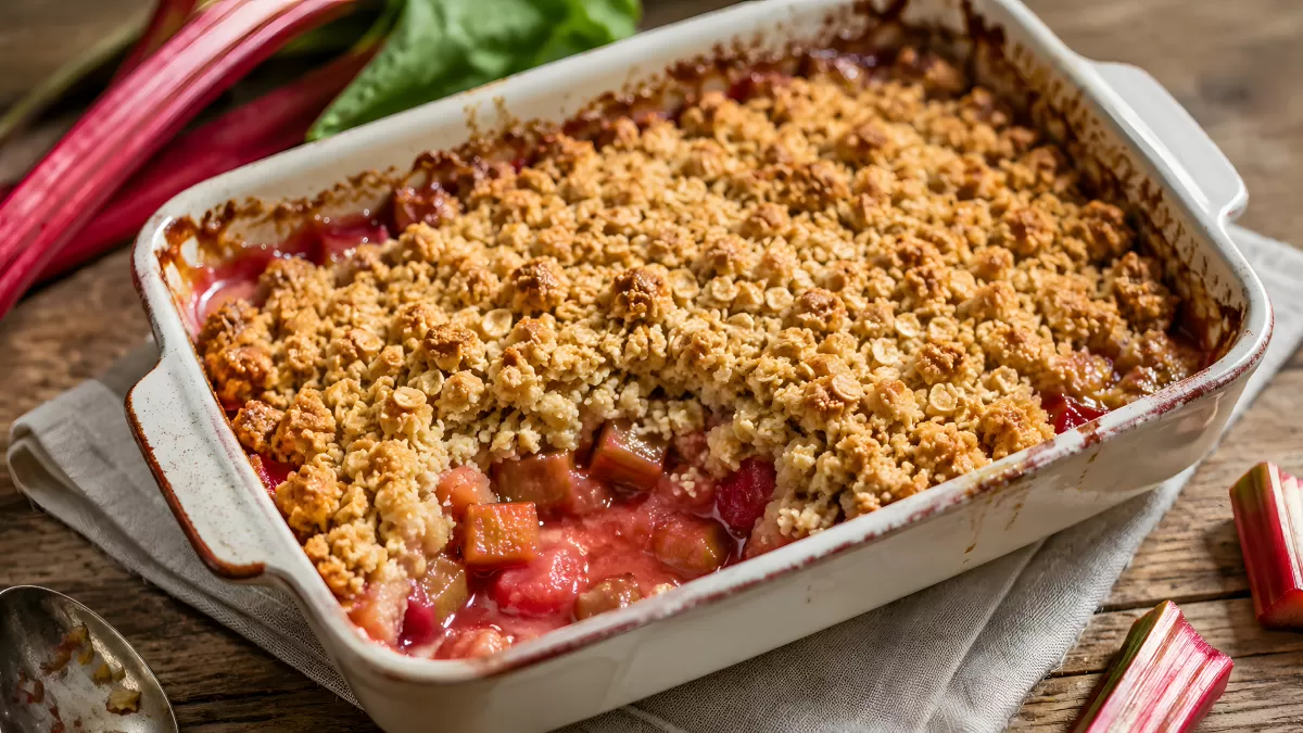 Rhabarber-Crumble frisch aus dem Ofen in Auflaufform