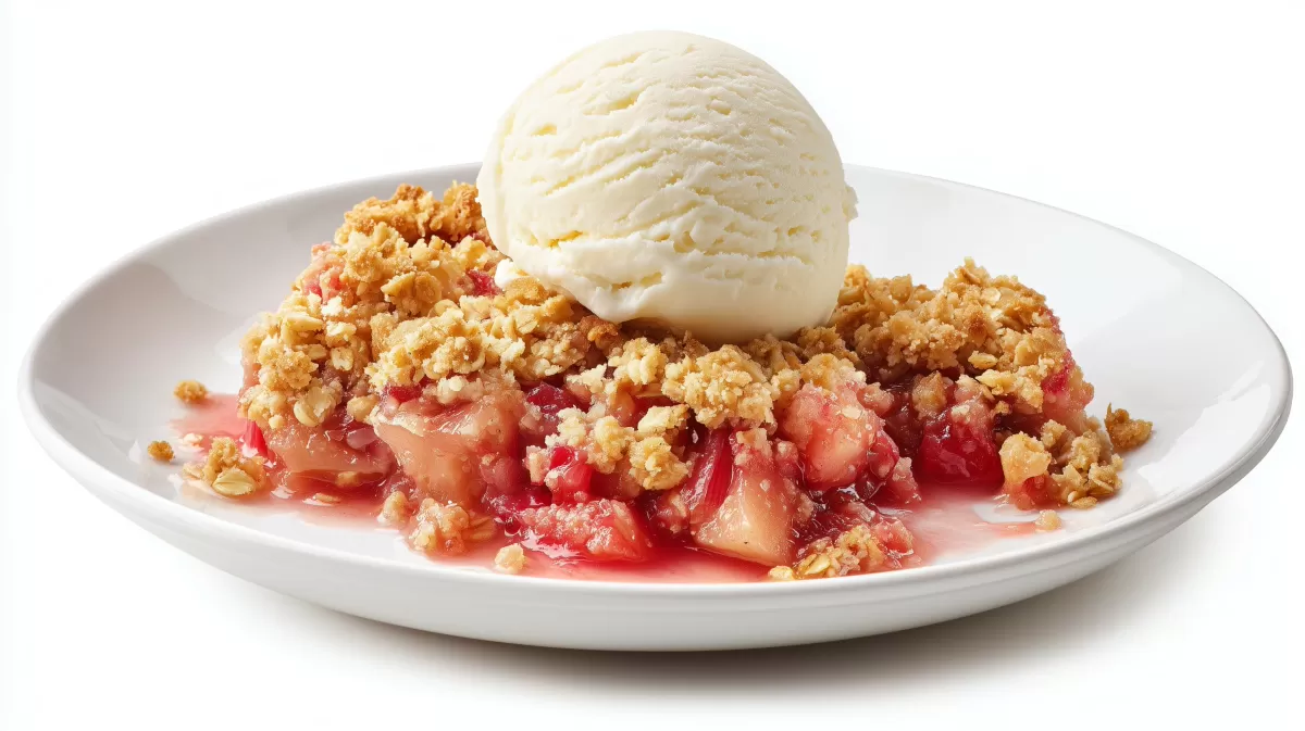Rhabarber Crumble mit Vanilleeis auf weißem Teller