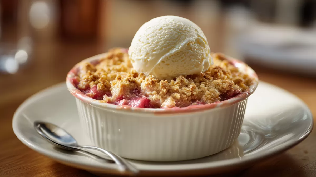 Rhabarber Crumble mit Vanilleeis im Förmchen