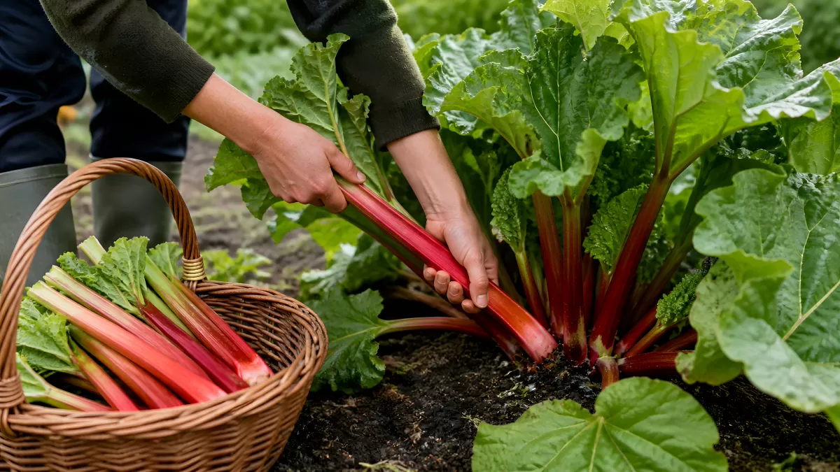 Rhabarber ernten im Garten – frische rote Stängel