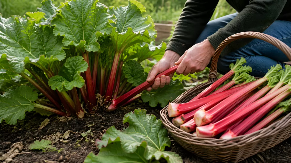 Rhabarber ernten im Garten mit Weidenkorb