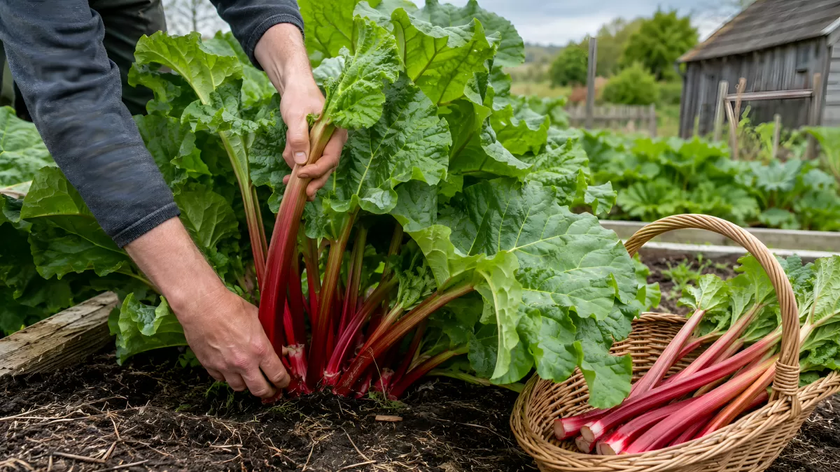 Rhabarber ernten im Gemüsegarten – Nahaufnahme