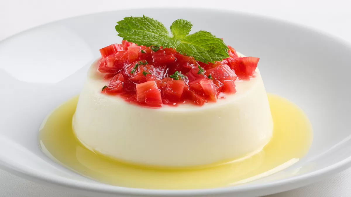 Rhabarber Panna Cotta mit Vanillesauce angerichtet
