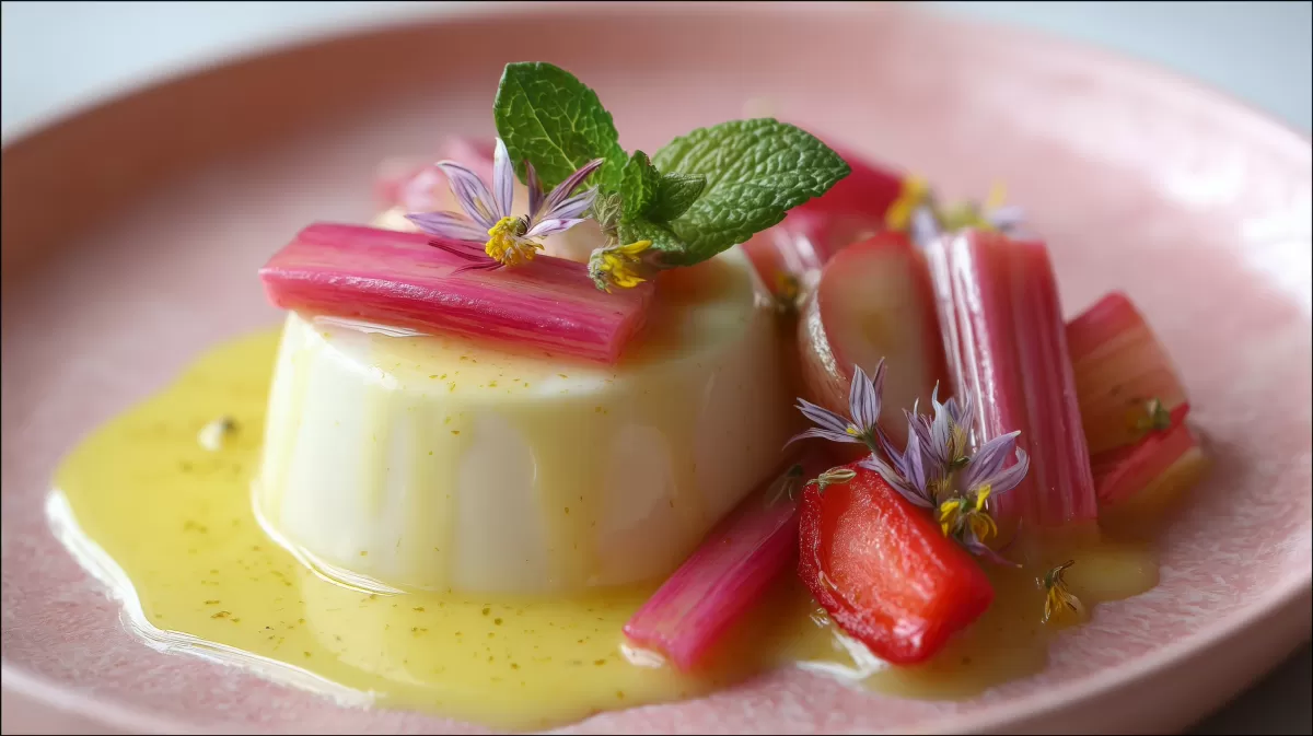 Rhabarber Panna Cotta mit Vanillesauce photorealistisch