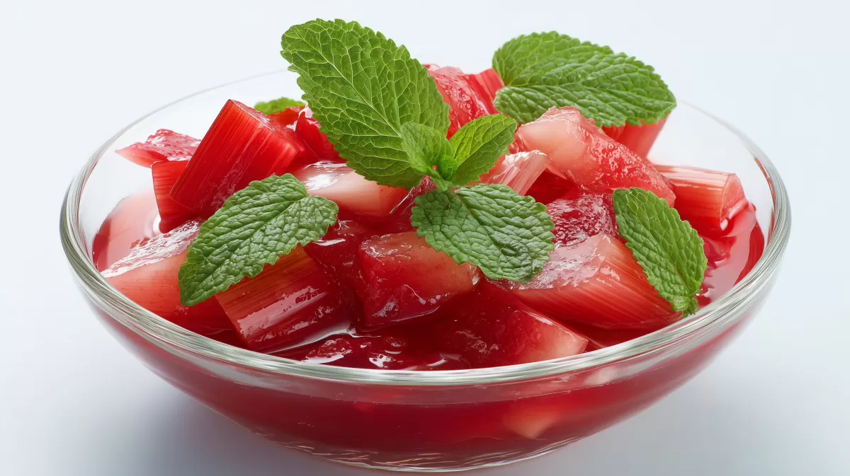 Rhabarberkompott mit Minze in Glasschüssel