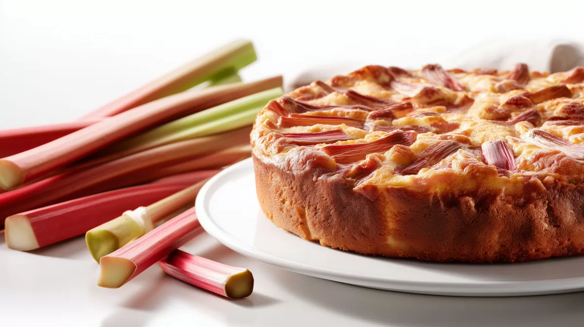 Rhabarberkuchen auf weißem Teller mit frischen Stangen