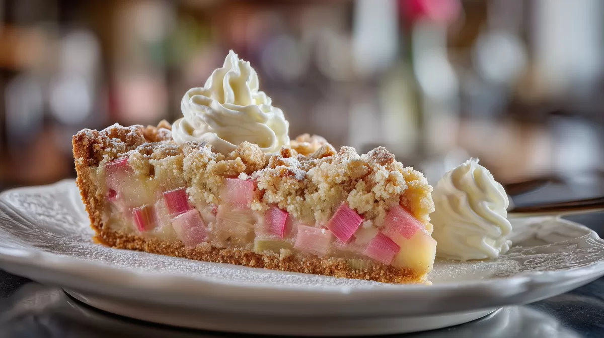 Rhabarberkuchen mit Streuseln und Sahne auf Teller