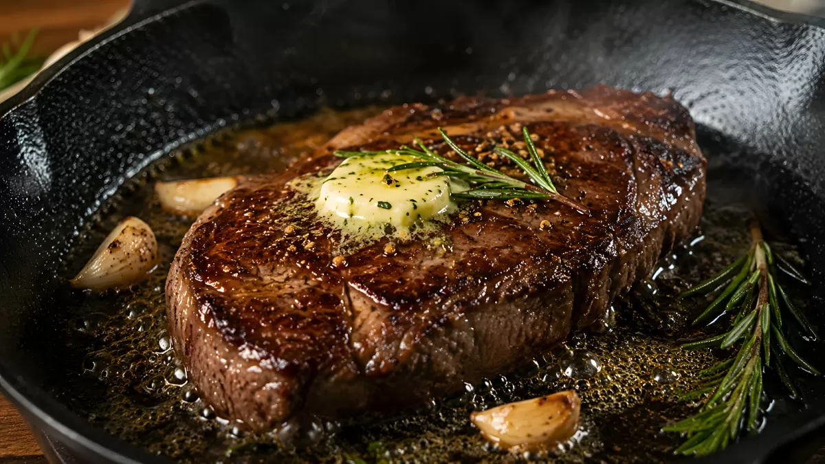 Ribeye-Steak mit Butter und Rosmarin in Gusseisenpfanne