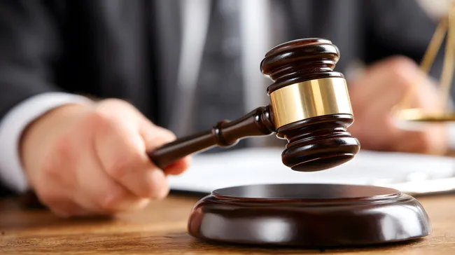 Richter-Hammer auf Holzpodest im Gerichtssaal