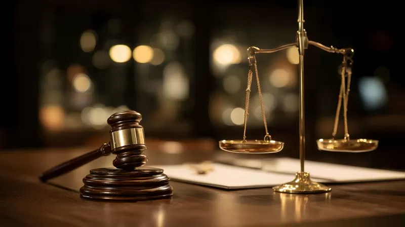 Richterhammer und Justitia-Waage auf Schreibtisch