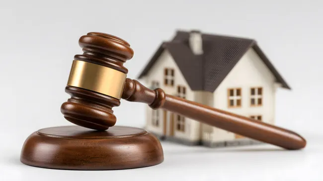 Richterhammer und Miniaturhaus - Symbolik des Immobilienrechts