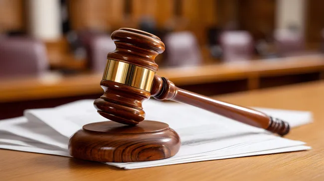 Richterlichen Hammer auf Gerichtsakten im leeren Gerichtssaal