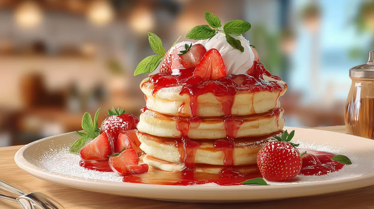 Ricotta Pancakes mit Erdbeerkompott photoreal