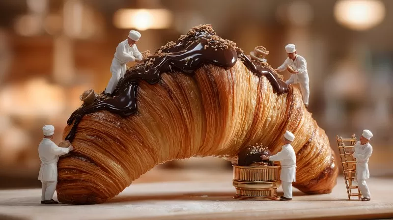 Riesen Croissant mit Miniaturbäckern und Leiter