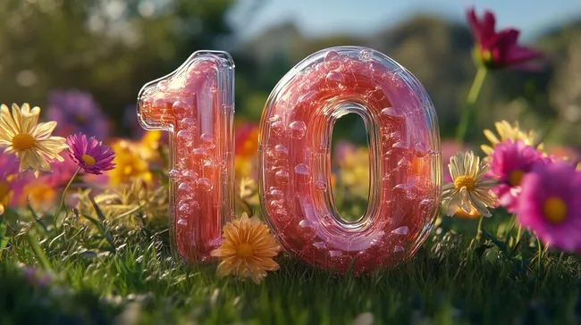 Riesige Glaszahl 10 in fröhlicher Sommerwiese