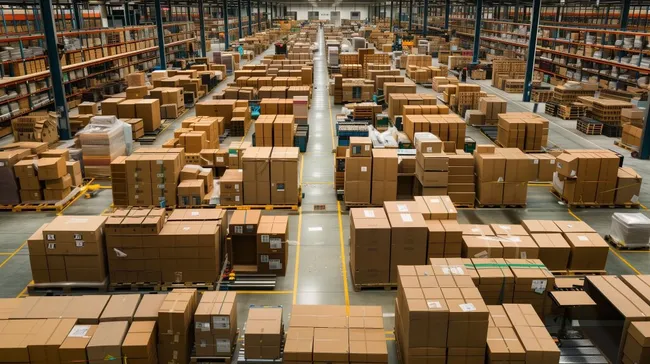 Riesige Logistikanlagen mit Kartons in Lagerhallenkulisse