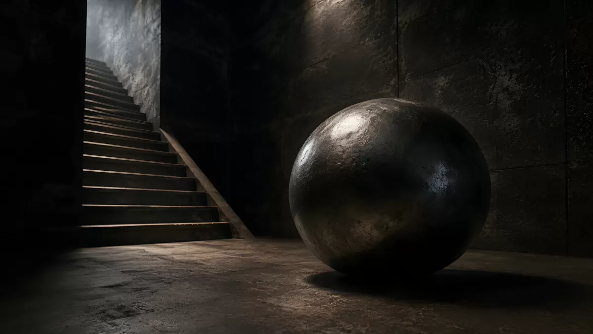 Riesige Metallkugel in dunklem Steinkeller mit Treppe