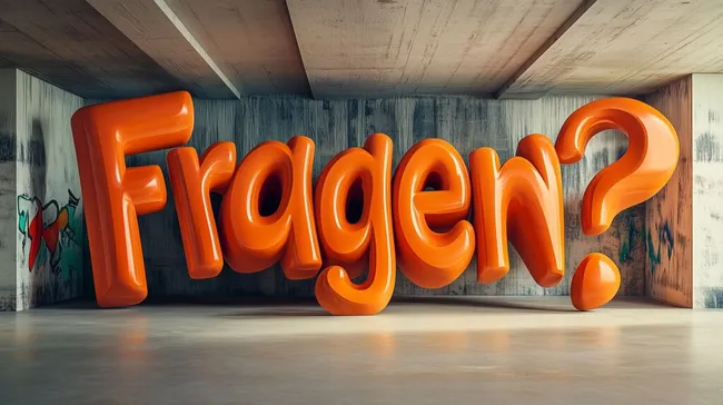 Riesige, orangefarbene 3D-Schrift vor Betonwand