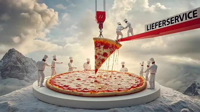 Riesige Pizza auf Bergspitze mit Köchen