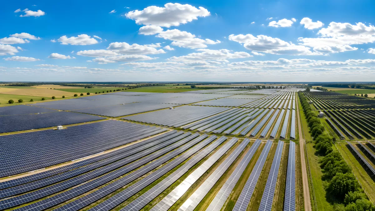 Riesige Solaranlage aus der Vogelperspektive im Sommer