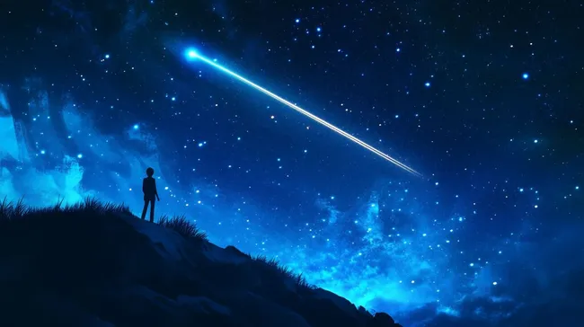 Riesige Sternschnuppe am Nachthimmel über Hügeln