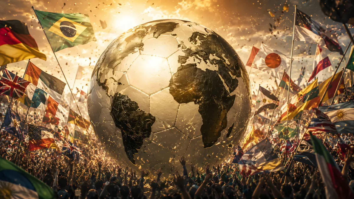 Riesiger Fußball als Weltkugel mit Länderflaggen